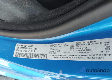 2021 Ram 1500 Big Horn 4X4 6'4 Box z USA, uszkodzony, nr VIN 1C6RRFBG1MN511484